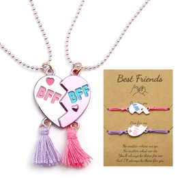 Qoncosy BFF Necklace and Bracelet Set for 2 – Matching Heart Pendant Jewelry Gift for Women, Best Friends, Sisters, and Teens (Purple & Pink)