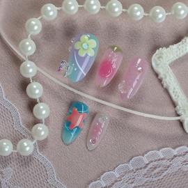 30 Pcs Handmade Press on Nails Short Almond Nail Tips,YEFIUO Summer Fake Nails Press ons Glue on Nails Acrylic Nail Art Kit Full Cover Reusable False Nails 3D Flower Butterfly Charms Design for Ma'am