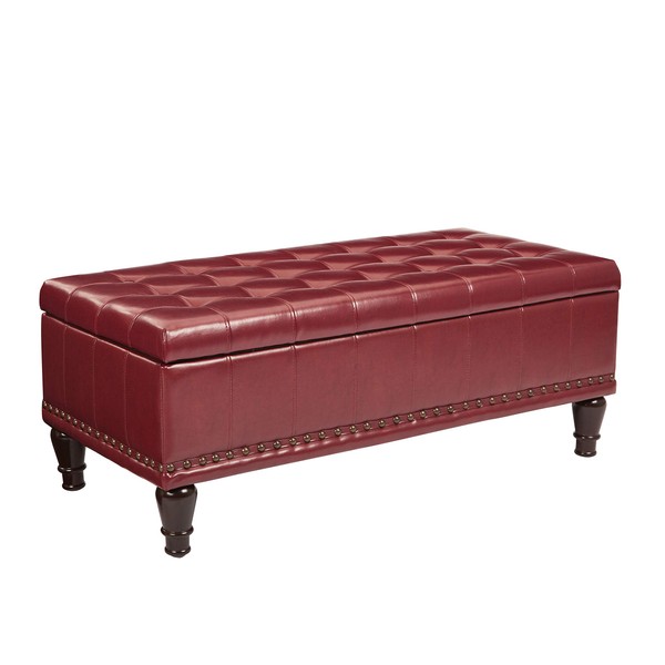 OSP Home Furnishings Caldwell Bonded Leather Storage Ottoman with Flip-Up Lid and Decorative Nailhead Accents, Crimson Red
