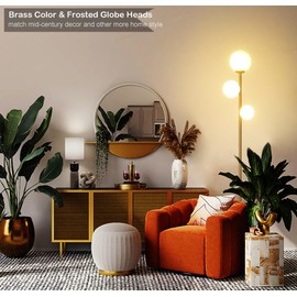 Fiqevs 3 Globe Mid Century Modern Floor Lamp for Living Room, Gold Standing Lamp with Frosted Glass Shade and 3x2700K Warm LED Bulbs, Vintage Retro Tall Lamps for Bedrooms, Office - Antique Brass