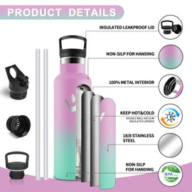 Vikastar Stainless Steel Water Bottle, Thermos Flask, 500 ml, BPA-Free Drinking Bottle, Thermos Bottle with Straw, Drinking Bottle for School, Sports, Bike, Camping, Light Pink & Light Green