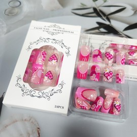 24Pcs Valentines Press on Nails Grid Love Heart Acrylic Fake Nails Glossy Red French Tips Medium Square False Nails Flower Stick on Nails Romantic Gift Gel Glue on Nails for Coquette Women Girls