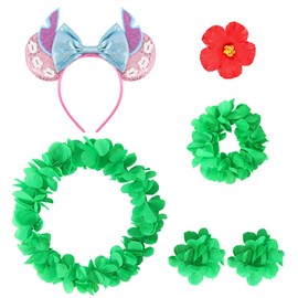 ZIW Hawaiian Outfits for Women Hula Girls Lilo Costume Tropical Luau Party Accessories Kit - Green Flower Leis Garland Necklace, Lei Hairband, Red Hair Clip & Stitch Ears Headband