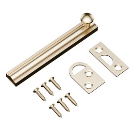 MaozyHomie 4 Inch Solid Brass Surface Bolt, Heavy Duty Concealed Slide Surface Door Bolt, Slide Bolt Latch French Door Lock with Screws for Windows Cabinet Wooden Fence Yard, Brushed Gold, 1 Pack