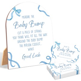 51 Pcs Blue Bow Measure The Baby Bump Game, Blue Baby Shower Game, 6x8 Inch Arch Wooden Sign with Stand and 50 Guessing Cards, Gender Neutral Party Decoration - NG02