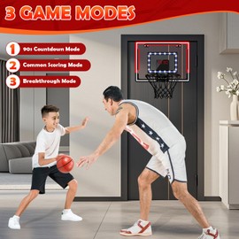 Mukum Indoor Basketball Hoop for Kids, 3 Modes Over The Door Mini Basketball Hoops with LED Light & Sound Effects, Electronic Scoreboard, 3 Basketballs, Sport Toys Birthday Gift for Boys Girls 3+ Year