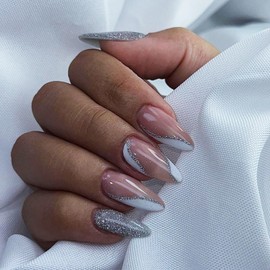 Almond Press on Nails Medium Fake Nails Silver Glitter Press on Nails Full Cover Glossy Stick on Nails Shiny Acrylic Nails Reusable Artificial Nails Jelly Press on Nails for Women and Girls 24Pcs