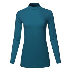 Basic Solid Soft Cotton Long Sleeve Mock Neck Top Shirts Teal L