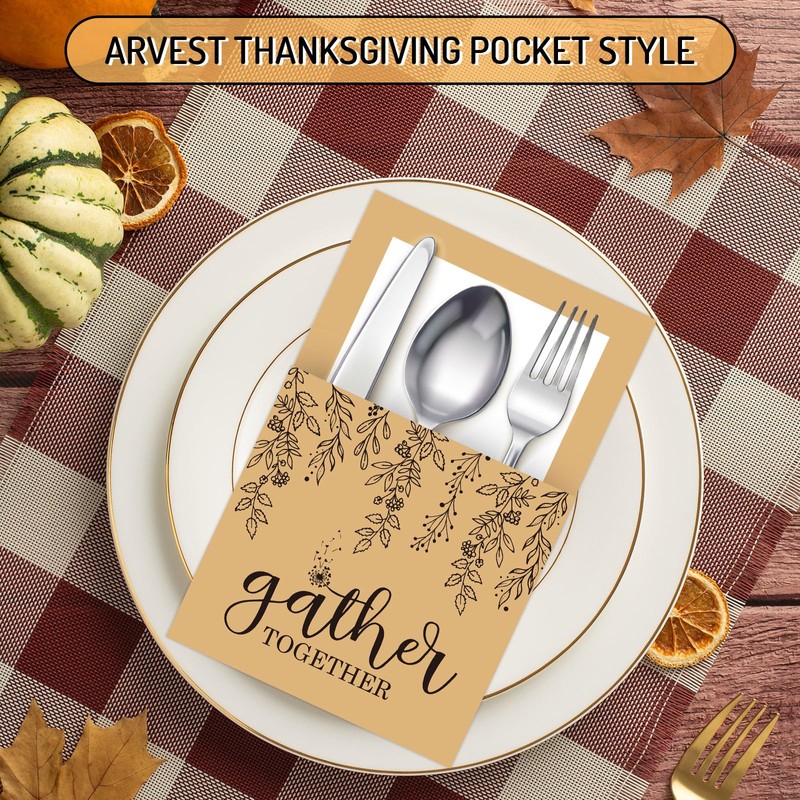 Whaline 100Pcs Thanksgiving Turkey Cutlery Paper Holders Rustic Kraft Utensil