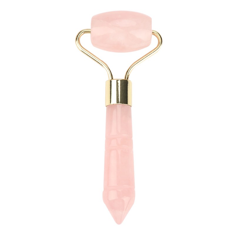 Natural Rose Quartz Welding Gold Metal Roller Massager Jade Beauty