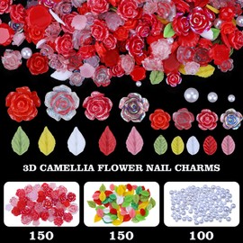 400 Pieces Camellia Flower Nail Charms for Acrylic Nails 3D Rose Floral Nail Gems Pink Leaf Nail Accessories White Pearls Nail Supplies for Women Nail Art Design (Red)