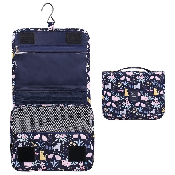 Hanging Toiletry Bag for Women, Lychii Travel Toiletry Bag, Wash Bag, Organiser for Suitcases & Hand Luggage, Cat Navy Blue, Modern