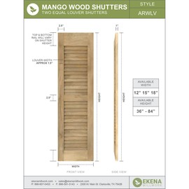 15"W x 52"H Americraft Two Equal Louver Exterior Real Wood Shutters (Per Pair), Unfinished