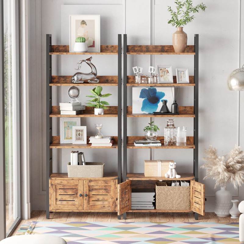 IRONCK Bookshelf with Louvered Doors, 4-Tier Ladder Shelf with Cabinet