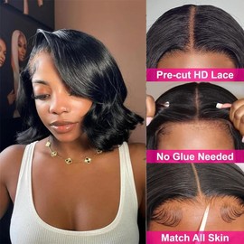 Wear and Go Glueless Bob Wig Human Hair Pre Plucked Pre Cut 4x4 HD Body Wave Bob Wig Human Hair 180% Density Glueless Wigs Closure Wigs for Black Women No Glue for Beginners (Natural Color,16 Inch)