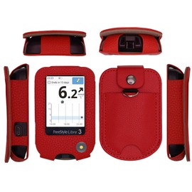 Fitted Leather Case W/Screen Protector & Pocket (Lanyard Included) for Freestyle Libre 3, Freestyle Libre 2 (Red)