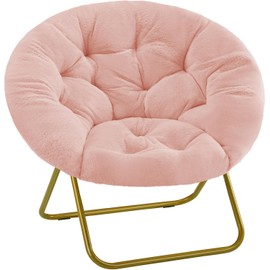 ScratchMe Saucer Chair, Comfy Faux Fur Chair for Bedroom, Saucer Chairs for Adults, Teens, Round Shaped Moon Chair with Foldable Metal Frame, Pink