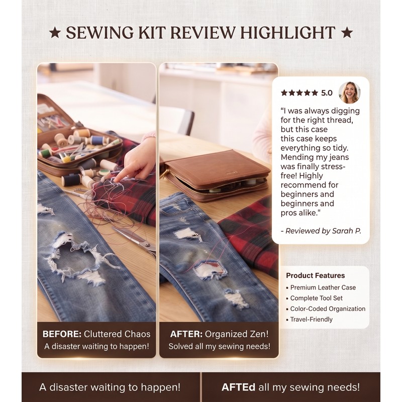 170-Piece Sewing Kit for Home Repairs – Portable Brown Storage