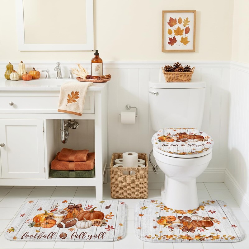 4pcs Farmhouse Pumpkin Fall Bathroom Decor Shower Curtain Set 72