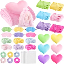 Fanfanwin 36 Pcs Sleepover Party Supplies for Girls 6 Throw Blanket 6 Spa Headband 6 Heart Pillow 6 Scrunchies 6 Sleep Eye Mask 6 Organza Bag for Spa Birthday Slumber Party Favors Supplies(Multicolor)