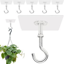 FOWSRHRG Adhesive Ceiling Hooks for Hanging Plants, 6 Pack Large Heavy Duty Command No Hole Metal Hook, No Drill Strong Sticky Outdoor Ceiling Hanger, Stick on Hooks for Lights, Wind Chimes