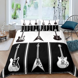 Guitar Duvet Cover Set Music Guitar Decor Bedding Set for Kids Boys Girls Rock Music Themed Comforter Cover Musical Instruments Black White Bedding & Linen Bedroom 3Pcs Double Size