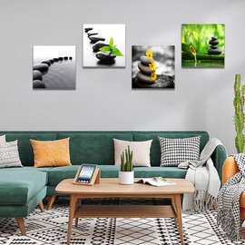 Artscope 4 Pieces Canvas Prints Wall Art - Picture Painting- Modern Wall Artwork Framed for Bathroom Home Office Decor - 12 x 12 Inch (Japanese-style Black Stone and Zen Culture, 12x12)