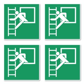 Emergency Exit with Escape Ladder, Rescue Sign: E016 - DIN EN ISO 7010 / ASR A1.3 - Sticker: 10 cm, Pack of 4