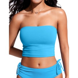 CRZ YOGA Womens Bandeau Bikini Tops Strapless Swimsuit Adjustable Spaghetti Straps Bathing Suit Crop Tankini Padded Kayak Blue Small