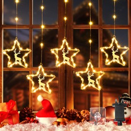 Quntis Christmas Window Lights, 5 Stars 94 LEDs Reindeer Curtain Lights Mains Operated with 8 Modes Timer IP44 Waterproof for Indoor Outdoor Home Bedroom Garden Wedding Xmas Decorations Warm White