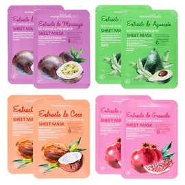 Kit de 8 Mascarillas Faciales Sheet Tela, Extracto Natural de Fruta Aguacate Granada Coco y Maracuya, Aditivos Free, Skin Care Mascarilla Facial Hidratar, Calmar y Oil Control (Pack 8)