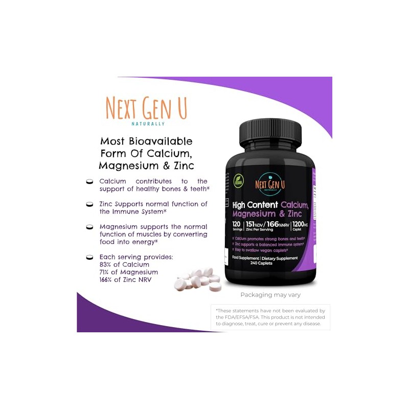 NGU Calcium Magnesium Zinc Essential Mineral Supplement 240 Vegan Caplets