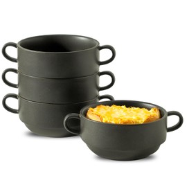 Tikooere Soup Bowls With Handles, Ceramic French Onion Soup Bowls, 22 oz Soup Crocks for Chilli, Beef Stew, Black Oven Safe Soup Bowl Set of 4, Microwave & Dishwasher Safe