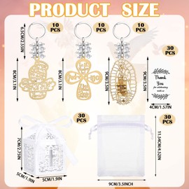 Ecally 120 Pcs Baptism Key Ring Recuerdos De Bautizo Para Cross Wooden Keychain Baptism Favor Boxes Organza Bags Thank You Tags for First Communion Party Gift, 30 Sets(White)