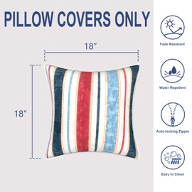 Melody Elephant Outdoor Throw Pillow Covers Pack of 2, Decorative Water Repellent Square Pillow Cases 18x18 Inch, Patio Pillowcases for Home Patio Furniture Use, Stripe Red Blue