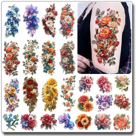 CHARLENT 3D Flower Sleeve Temporary Tattoos for Women - 25 Sheets Realistic Flower Fake Tattoos for Arm, Leg and Body/Durable/Waterproof