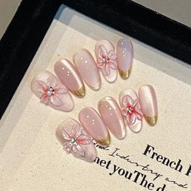 French Nail Art Press on Nails Medium Length False Nails with Flowers Rhinestone Designs Reusable Manicure Set Acrylic Almond False Nails Stick on Nails for Women and Girls 24Pcs