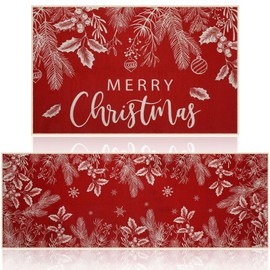 Tinideya 2 Pcs Holly Pine Branches Merry Christmas Kitchen Mats Set Christmas Kitchen Rug Sets Washable Non Slip Christmas Rug Winter Christmas Doormat for Xmas Home Floor Decorations (Red)