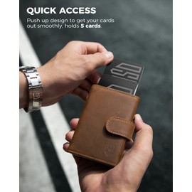 DODENSHA Card Holder Wallet, RFID Blocking Genuine Leather Pop Up Credit Card Wallet with Coin Pocket, ID Window, Banknote Compartment & Snap Closure