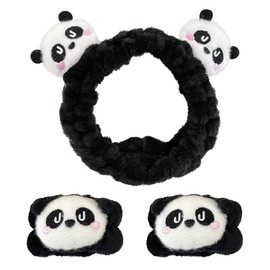 JazSwirl Spa Headband Wrist Bands for Washing Face, 3 Pcs Black White Panda Face Wash Headbands, Kawaii Panda Headband with Arm Bands, Cute Animal Spa Makeup Skincare Headbands with Wristbands