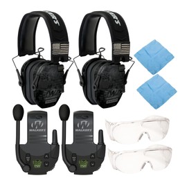 Walker's Razor Patriot Series Hi-Gain Omnidirectional Microphone Electronic Muffs (Kryptek Camo) Bundle with Walkie-Talkie Attachment, Protective Full Coverage Glasses and Cleaning Cloth (2-Pack)