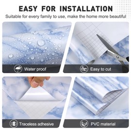 Qianglive White and Blue Marble Contact Paper Sky Peel and Stick Wallpaper Countertop Furniture Waterpoof Self Adhesive Removable Glossy Wall Paper Kitchen Livingroom Bathroom Cabinet 17.5"x200"