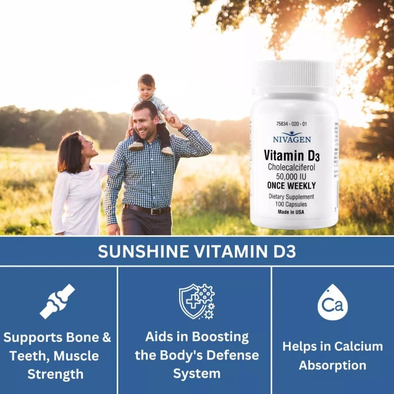 Nivagen Vitamin D3 50000 IU 100 Capsules Weekly Dose Halal