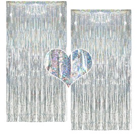 Silver Tinsel Metallic Foil Fringe Curtain Backdrop, Malanku 2Pack 3.2ft x 8.2ft Tinsel Doorway Wall Decorations for Birthday Graduation Bachelorette Baby Shower Party