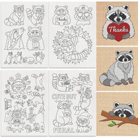 DOODLREAM 21Pcs Little Raccoon Water Soluble Hand Sewing Stabilizers, 29.7×21cm Cute Animals Embroidery Pattern Stabilizer, 4 Sheets Raccoon Stick and Stitch Embroidery Paper Sticker