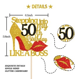 INNORU Decoración para tarta de 50 cumpleaños con purpurina roja dorada y dorada. Decoración para tarta de 50 cumpleaños con texto en inglés «My 50th Birthday Like a Boss