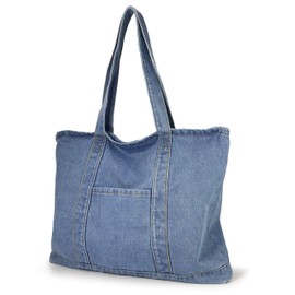 Hoxis Casual Denim Tote Bag with Zipper, A4 Large Capacity, Foldable, Ultra Lightweight Eco Bag, blue (light)