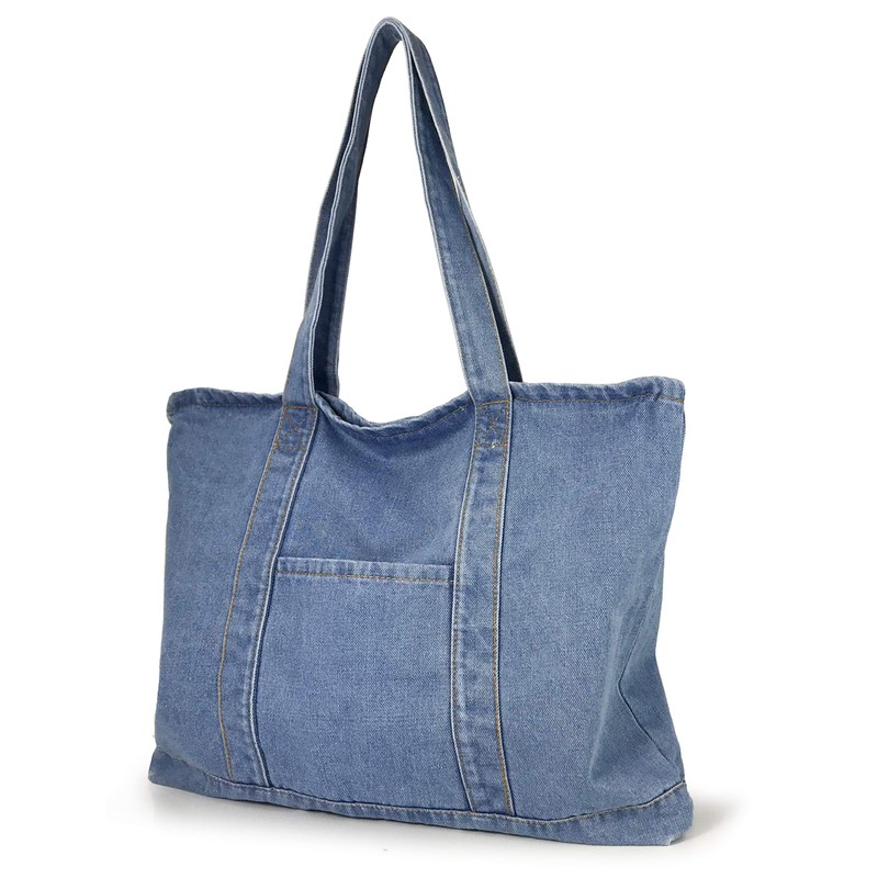 Hoxis Casual Denim Tote Bag with Zipper, A4 Large Capacity,