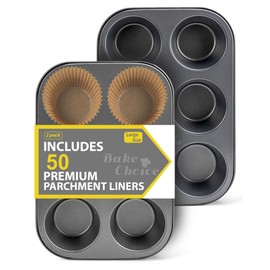 Bake Choice 2 Pack Jumbo Muffin Pan for Baking, Extra Large Cupcake Pan includes 50 Natural Jumbo Cupcake Liners, Muffin Tin Nonstick 6 Cup, Baking Pans Set, Carbon Steel Baking Supplies