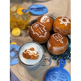 Set of 7 Hanukkah Stencils for Cappuccino, Sufganiyot, Pancakes, Bread, Hot Cocoa & Hot Chocolate 3.5-Inch-Scale Produced by 3D Kitchen Art